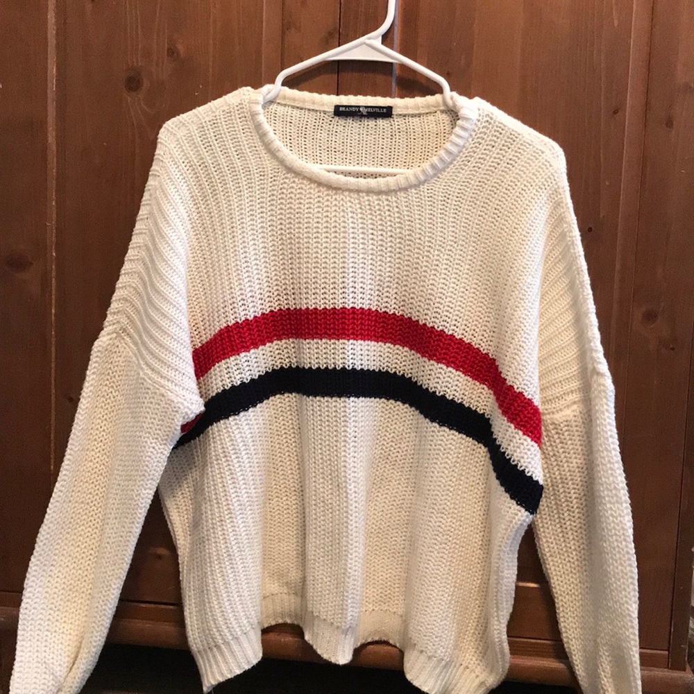white w/ red and blue striped sweater